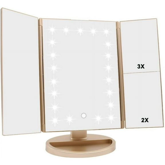 Tri-fold Lighted Vanity Makeup Mirror with 3x/2x/1x Magnification, 21Leds Light and Touch Screen,180 Degree Free Rotation Countertop Cosmetic Mirror,Travel Makeup Mirror (Gold)