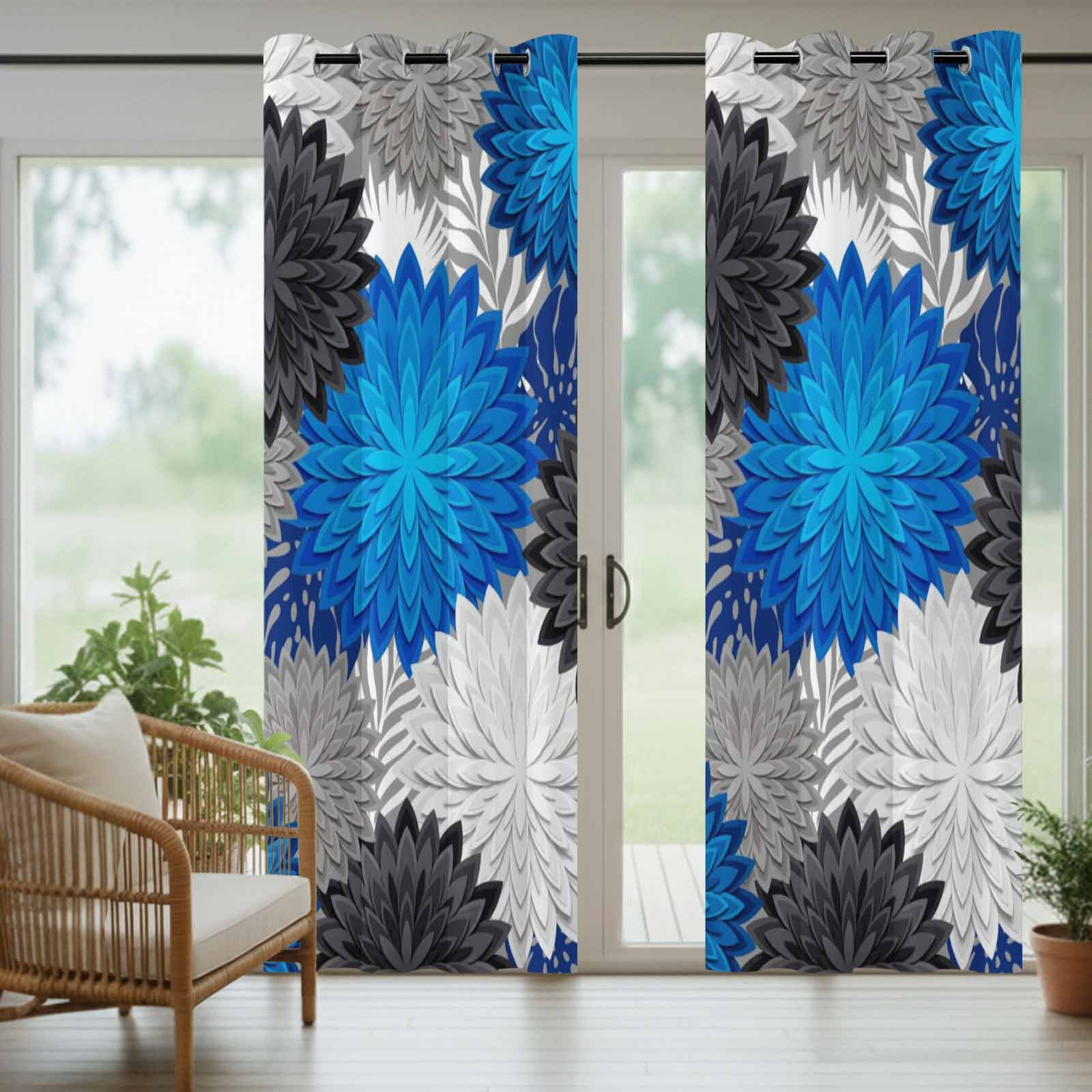Blue Flower Bloom Outdoor Curtains for Patio, Modern Abstract Minimalist Black and White Floral Sunshade Privacy Drapes Grommet Waterproof Outside Curtains for Porch/Cabana/Balcony 54"x 108", 1 Panel