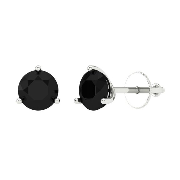 2 ct Screw-Back Stud Earrings for Women | 6.5mm Round Cut Natural Onyx | 18K White Gold