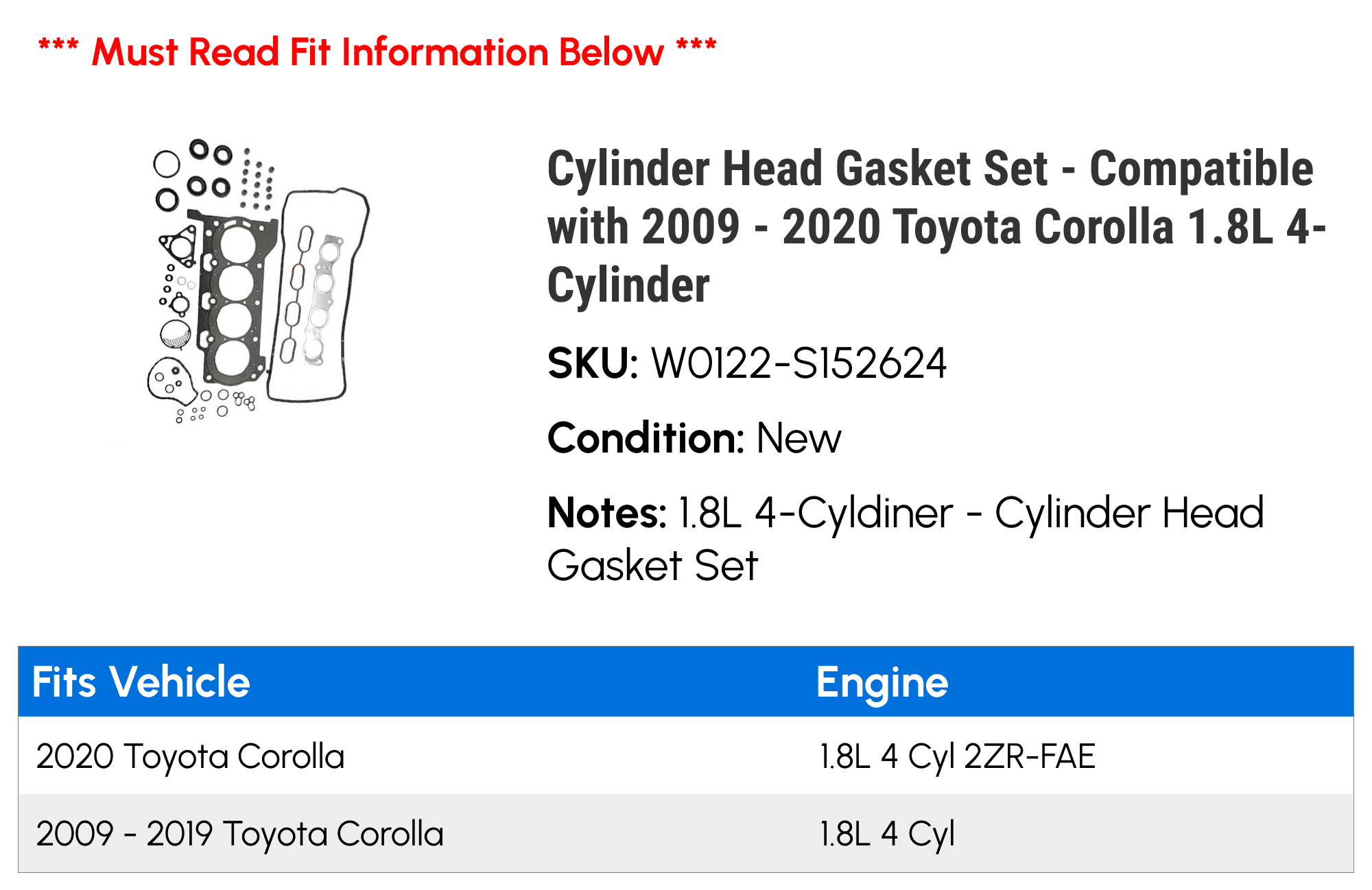 Cylinder Head Gasket Set - Compatible with 2009 - 2020 Toyota Corolla 1.8L 4-Cylinder 2010 2011 2012 2013 2014 2015 2016 2017 2018 2019