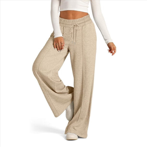 Pantalones Deportivos de Pierna para Mujer, Holgados, con Cordón Elástico, de Cintura Alta, Estilo Palazzo. Caqui L