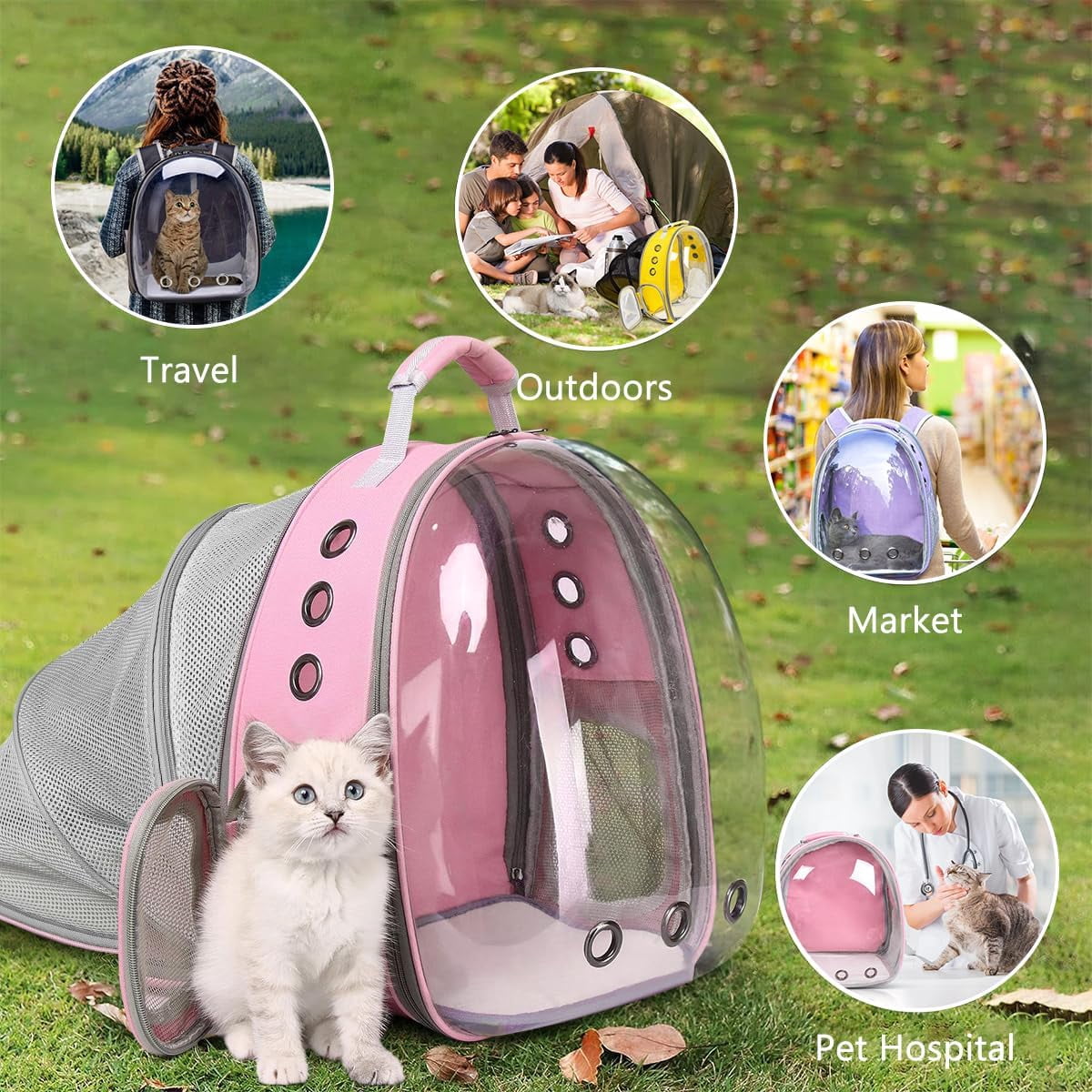 DENZUS Bubble Expandable & Foldable Cat Backpack Carrier, Breathable Pet Backpack for Large Cats, Designed for Hiking, Travelling, Camping