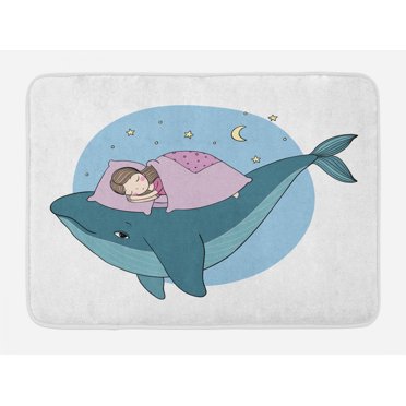 Whale Bath Mat, Hand Drawn Style Little Girl is Sleeping on a Whale Cozy Bed in the Night Sea, Non-Slip Plush Mat Bathroom Kitchen Laundry Room Decor, 29.5 X 17.5 Inches, Blue Lilac Yellow, Ambesonne