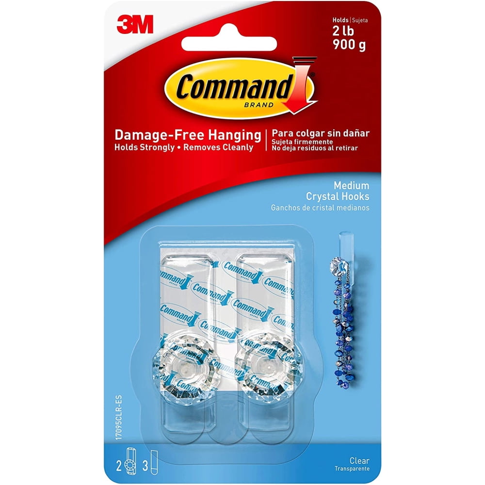 Command Clear Medium Crystal Hooks Adhesive 2 Hooks 3 Strips, 2 Pack
