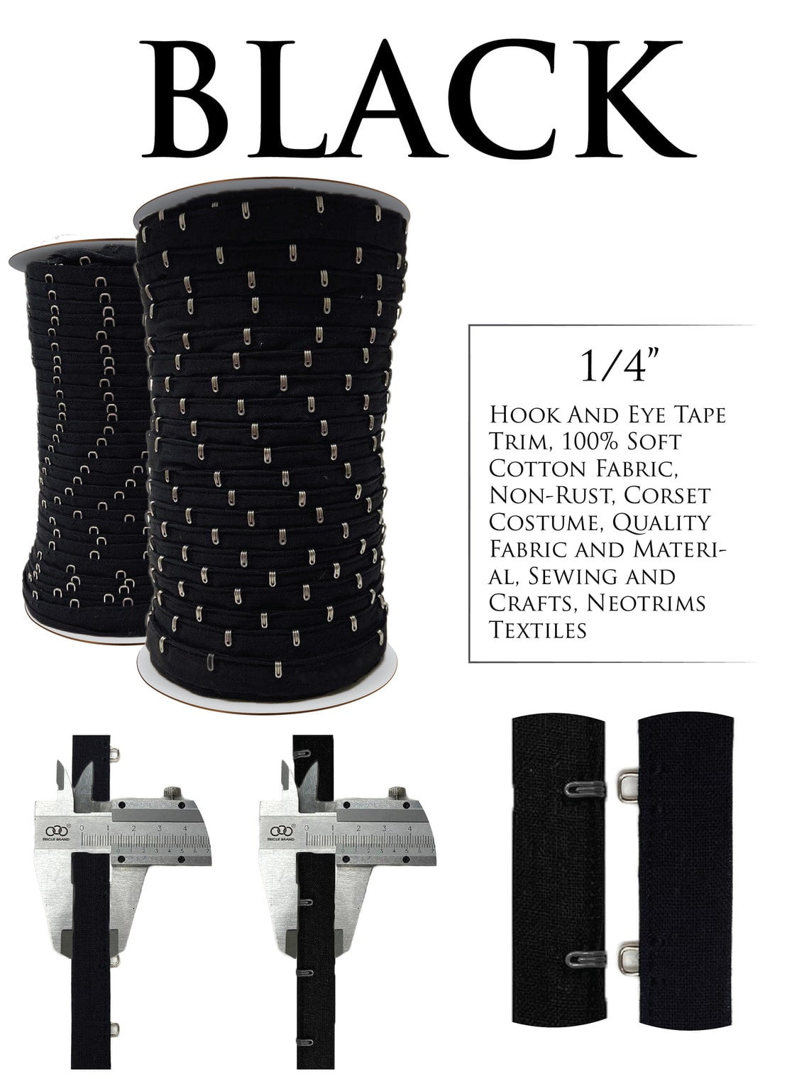 AL240A - Hook and Eye Tape Fabric Fastener Sewing Crafting DIY Black/Silver by yard
