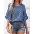 thumbnail image 3 of Tops de media manga con volantes para mujer, Camiseta holgada informal con cuello redondo, camisetas con estampado a cuadros a rayas para primavera y verano 2023, 3 of 5