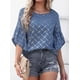 thumbnail image 3 of Tops de media manga con volantes para mujer, Camiseta holgada informal con cuello redondo, camisetas con estampado a cuadros a rayas para primavera y verano 2023, 3 of 5