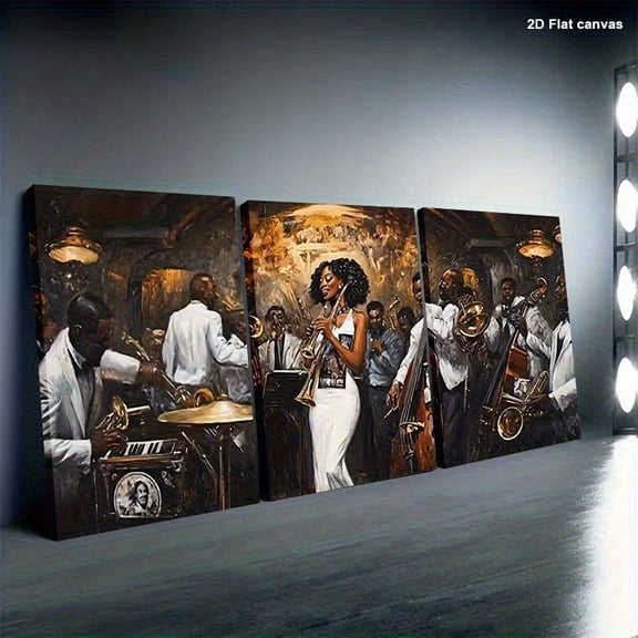 2D Flat 3pcs African American Jazz Band Canvas Wall ArCanvas Wall Art, Framed and Ready to Hang, Suitable for Room Decor, Office Decor, Home Decor, Wall Art Decor, Bathroom Decor,