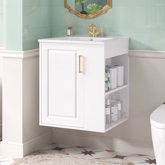 White 20 Inch Wall Mounted Bathroom Cabinet with Side Cabinet Combo Soft Closing Door and Sink Modern Bathroom Vanity