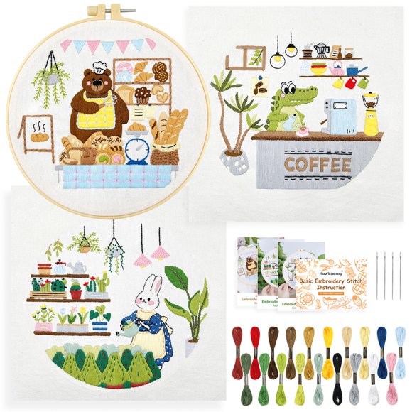 HAND U JOURNEY 3 Pcs Design Original de 7,8 Pouces - Kit de Démarrage Broderie Lapin, Crocodile, Ours avec Livret d'Instructions Techniques de 28 Points - Parfait pour Débutants
