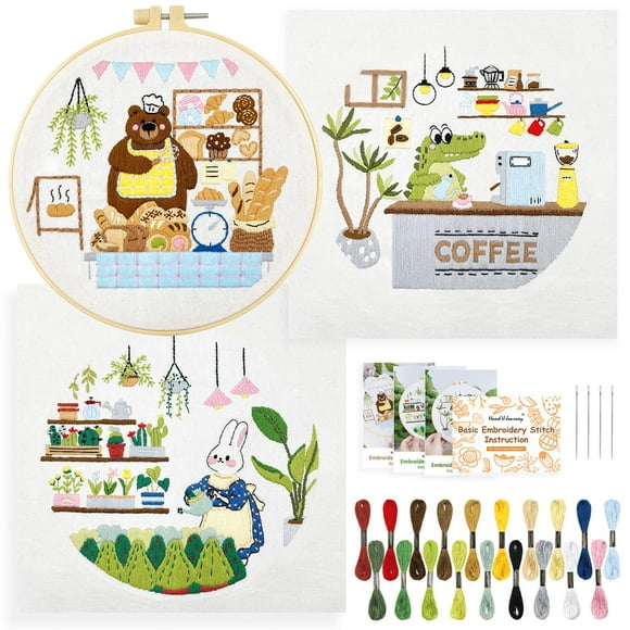 HAND U JOURNEY 3 Pcs Design Original de 7,8 Pouces - Kit de Démarrage Broderie Lapin, Crocodile, Ours avec Livret d'Instructions Techniques de 28 Points - Parfait pour Débutants