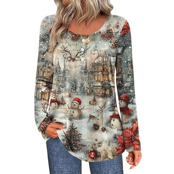 Winter Saving Talove Long Sleeve Shirts for Women Graphic Printed Sweatshirt Fall Fashion Must Haves Tunic Sweater Tops Womens Tops Long Sleeve Dressy Casual Christmas Shirts