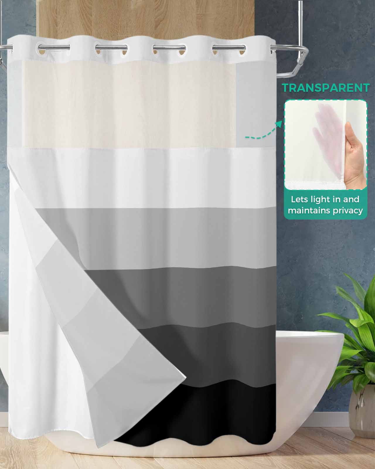 No Hook Shower Curtain with Snap in Liner, Black and Grey Striped Gradient Rustic Wood Board Hotel Shower Curtains for Bathroom, Washable Shower Curtain Liner Set with Mesh Top Window, 72"x96"