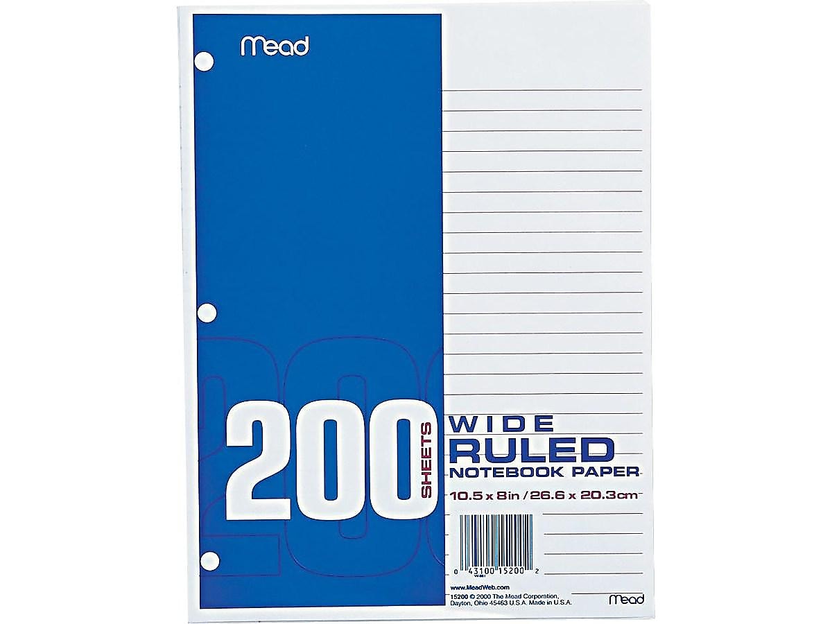 Mead Wide Ruled Filler Paper 8" x 10.5" White 200 Sheets/Pack (15200) 587432