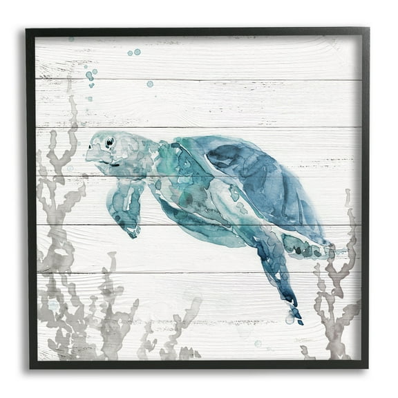 Stupell Industries Swimming Sea Turtle Coral Beach Plank Design Graphic Art Black Framed Art Print Wall Art, Design by Carol Robinson