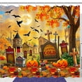 thumbnail image 1 of Halloween Graveyard Shower Curtain with Tombstones, Pumpkins & Ravens, 1 of 4