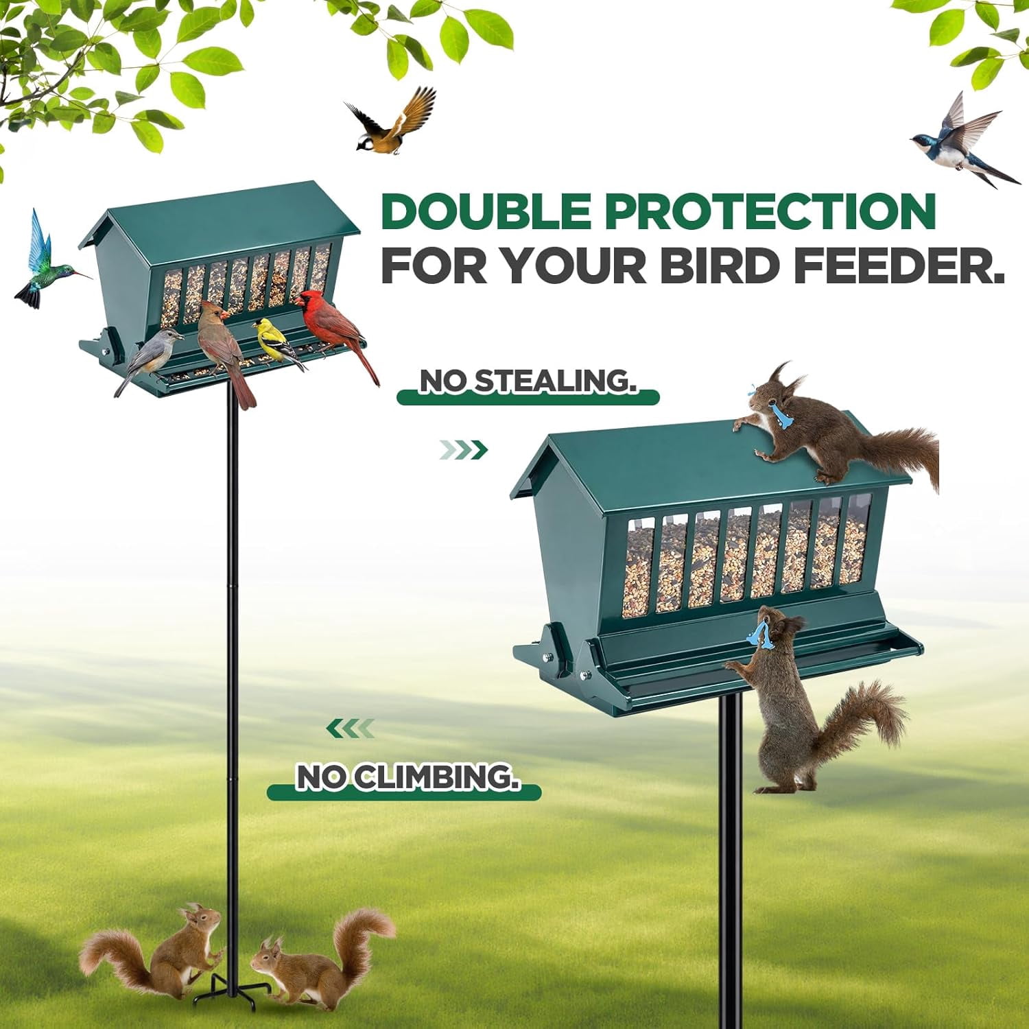 Squirrel Proof Bird Feeder Metal 12lbs Large Capacity for Cardinals Chickadees Green Bird Feeder on Pole for Outdoors, Not Including Pole