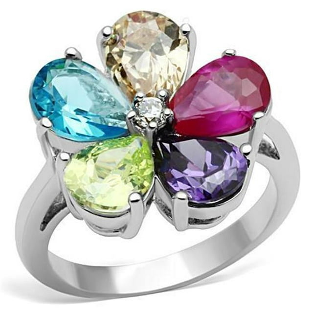 Alamode 3W045-5 Women Rhodium Brass Ring with AAA Grade CZ in Multi Color - Size 5