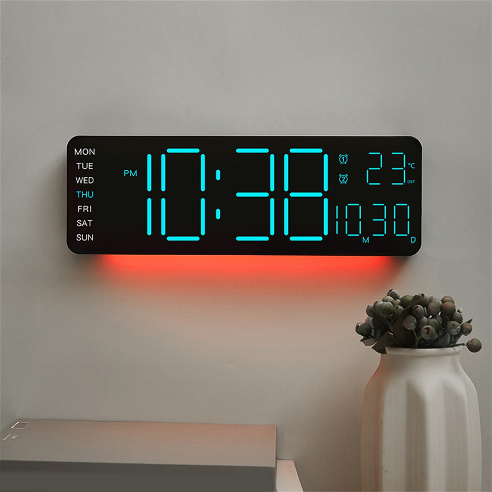 Contemporary Wall Mounted Digital Clock Automatic Brightness Control Show 12/24Hour Time Temperature Calendar Decors