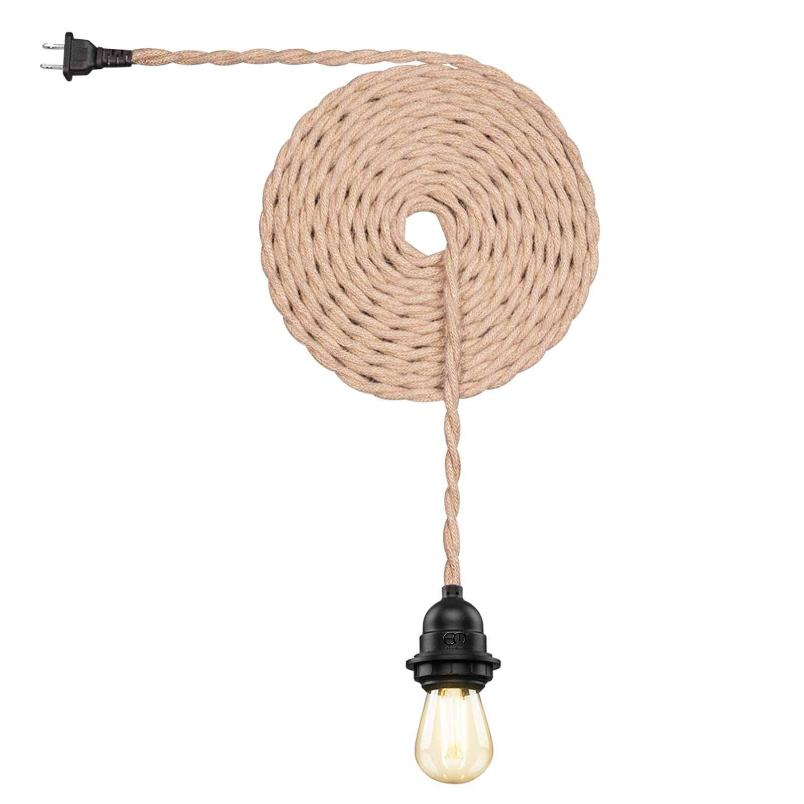 Vintage Waterproof Ceiling Pendant Light Kit with Twisted Hemp Rope Hanging Lighting Cord Fixture 16.6 FT E26 Outdoor Fireproof Chandelier for Industrial DIY Projects Bedroom Bar Backyard Balcony UL