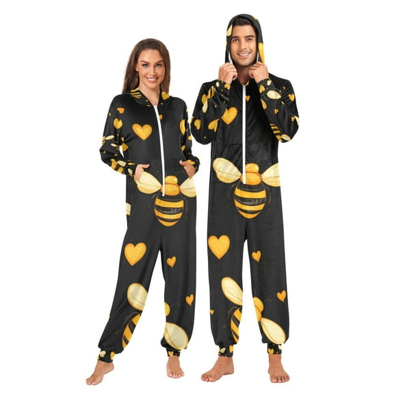 Yellow Hearts Bees Adult Unisex Onesie Pajamas Slim Fit One Piece Suit Pjs Sleepwear Pajama Jumpsuit