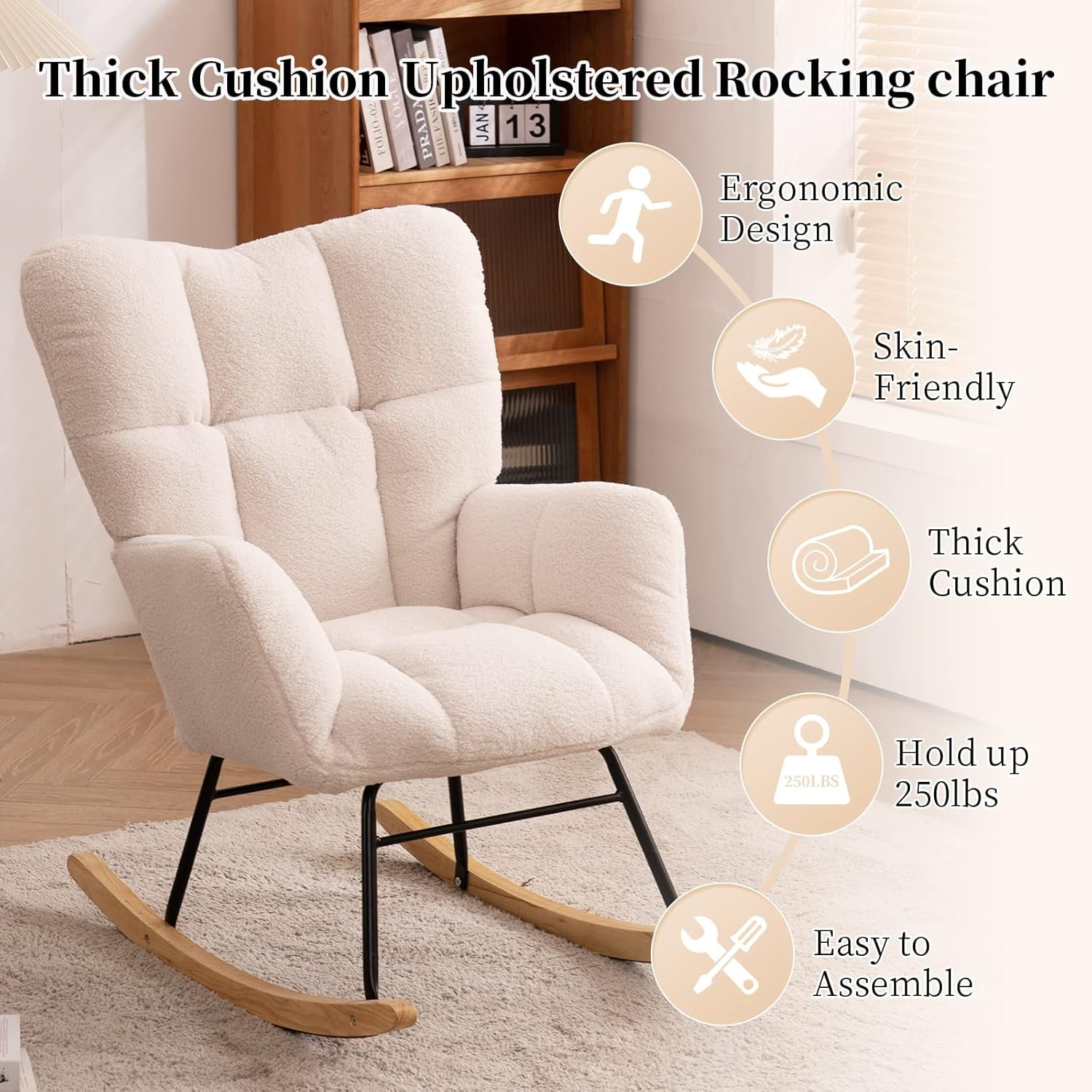 QuzyAor Teddy Fabric Nursery Glider Rocking Chair,Soft Upholstered Chair with Optional Footrest & Headrest for Baby Nursery Living Room,Ivory