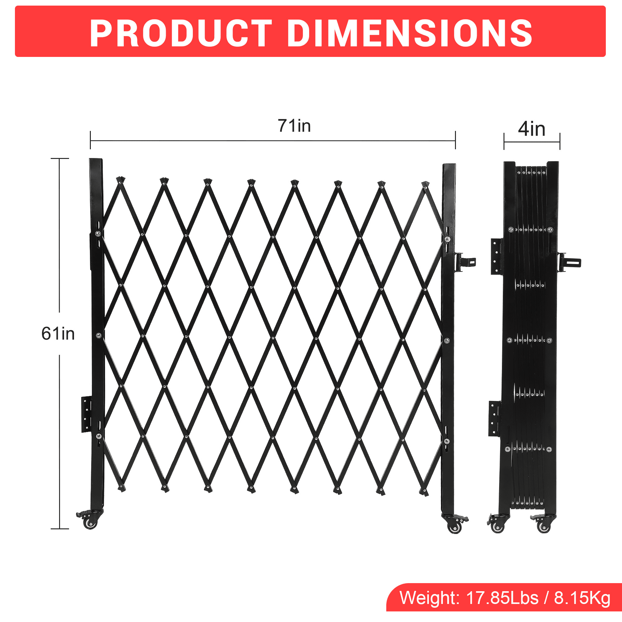 61" H x 71" W Single Folding Aluminum Security Gate - 360° Rolling Flexible Expanding Barricade, Black Scissor Gate/Door for Driveway