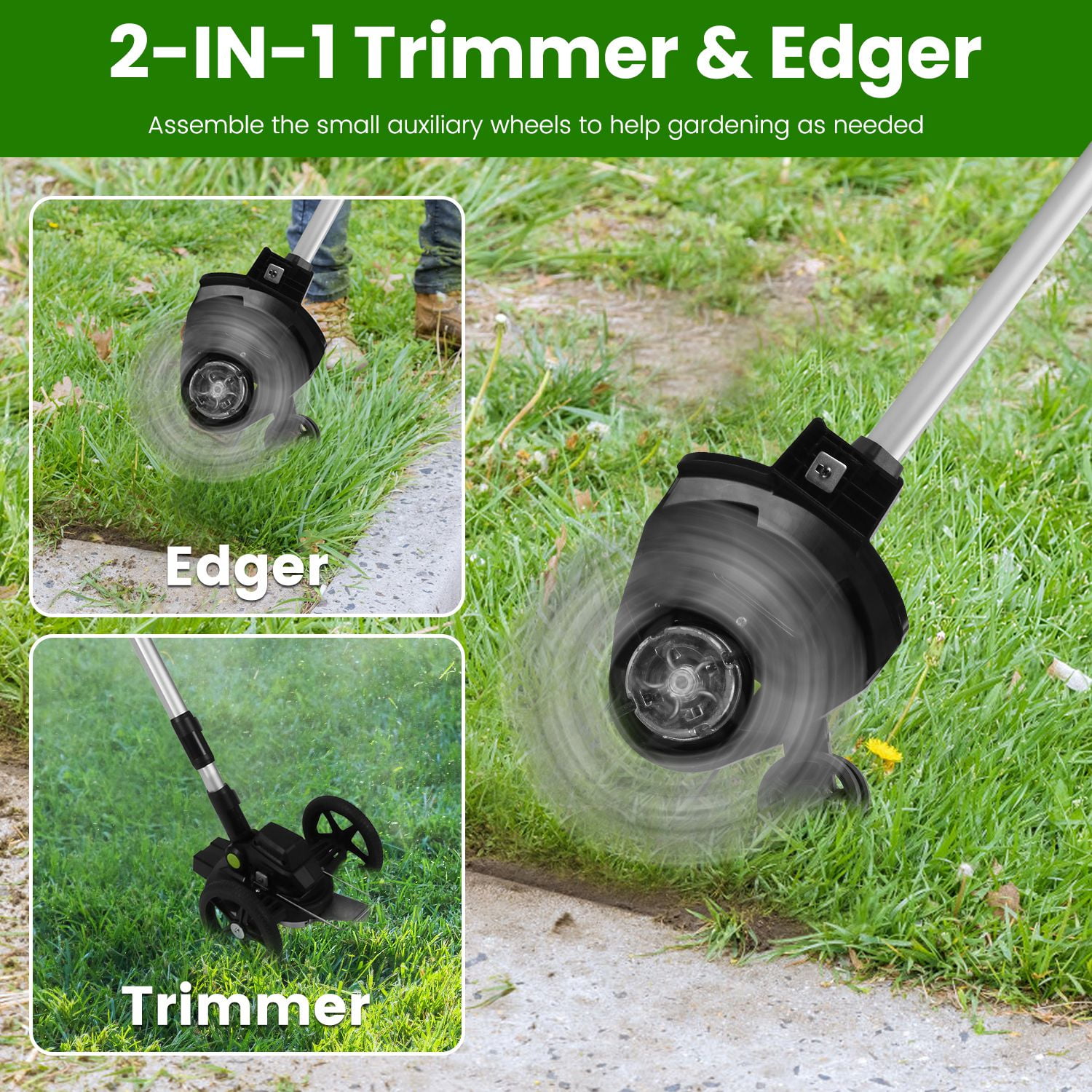 Moclever 21V Electric Weed Edger 16800RPM Cordless String Trimmer with 2Pcs 3000mAh Batteries 3.6-4.6ft Length 90° Rotatable Angle Saw Blade Steel Blade String Blade