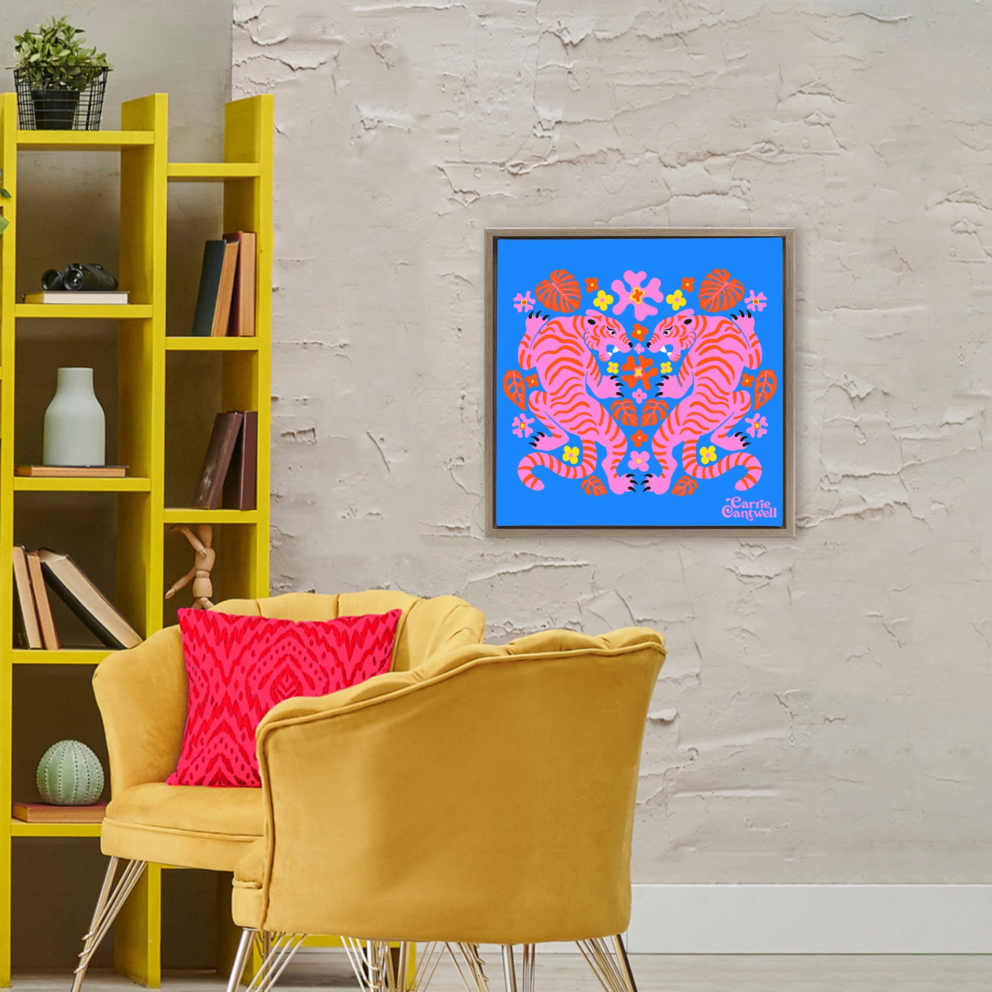 Stupell Industries Pink Tigers and Monstera Brown Framed Floater Canvas Wall Art, design by Carrie Cantwell
