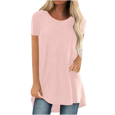 

Clearance Summer T-Shirt for Women Women Fashion Plus Size Comfy Soft Blouse Dressy Casual Solid Color Round Neck Short Sleeve Long T-shirt Corset Tops for Women 2- Pink