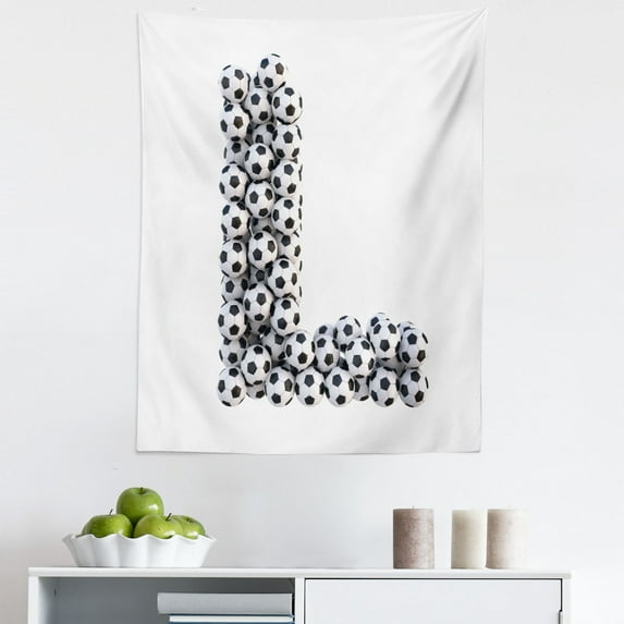Letter L Tapestry, Football Theme Soccer Balls in Vertical and Horizontal Order, Fabric Wall Hanging Decor for Bedroom Living Room Dorm, 5 Sizes, Black and White, by Ambesonne