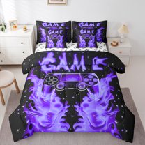 Manfei Cartoon Game Console Bedding Comforter Set 7pcs for Boys, Black Purple Gamepad Queen Bedding Sets, Cartoon Snowflake Reversible Queen Sheet Sets, Ultra Soft Home Decor