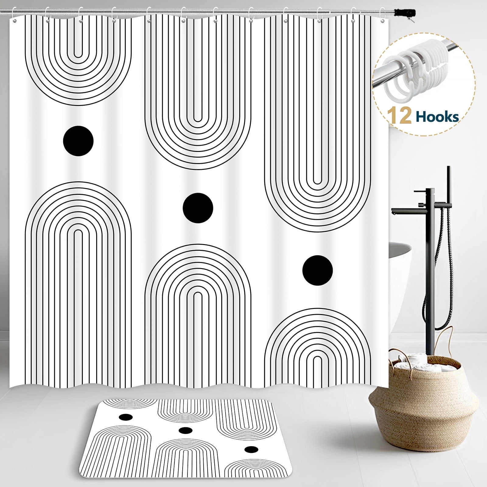 Dznils Boho Fabric Shower Curtains and Bath Rug Set, Modern Bathroom Curtain Sets, White, 72" x 72"