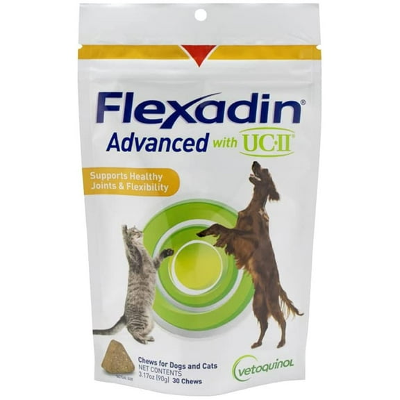 Vetoquinol Flexadin Advanced joint supplement for dogs and cats, once-daily formula with UC-II collagen, clinically proven and vet-recommended, 30 soft chews