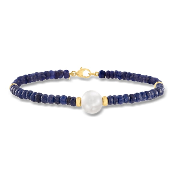 Ross-Simons Cultured Pearl and 28.00 ct. t.w. Sapphire Bead Bracelet in 14kt Yellow Gold, Women's, Adult