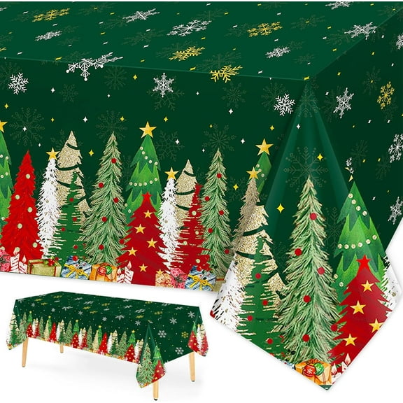 PHOGARY 3 Pieces Christmas Tablecloth Snowflakes Table Cloth Rectangular Holiday Tablecloth 54 x 108 Inch Plastic Table Cover for Christmas Party Dining Decor - Green