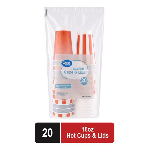 Great Value Insulated Hot Cups with Lids, 16 oz, Multicolor, 20 Count