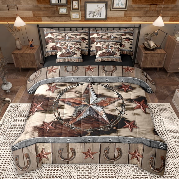 Manfei Western Texas Stars Bed in a Bag Twin size, Brown Cow Print Bed Set, Horse Shose Reversible Bedding Twin Size, Microfiber Bedroom Decoration, 7pcs