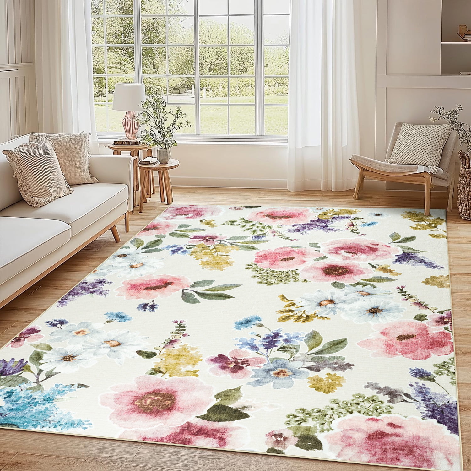 Wondo 6x9 Washable Floral Rug, Bright Floral Pattern Bohemian Rug for Bedroom, Low Pile Non-Slip Decorative Rug for Living Room, Kids Room, Office, Dining Room, Beige