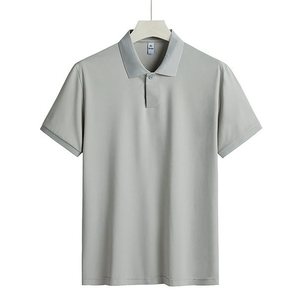 Playeras Elvqul de Hombre Gris Playa Manga Corta sin Estampado Solapa Botones