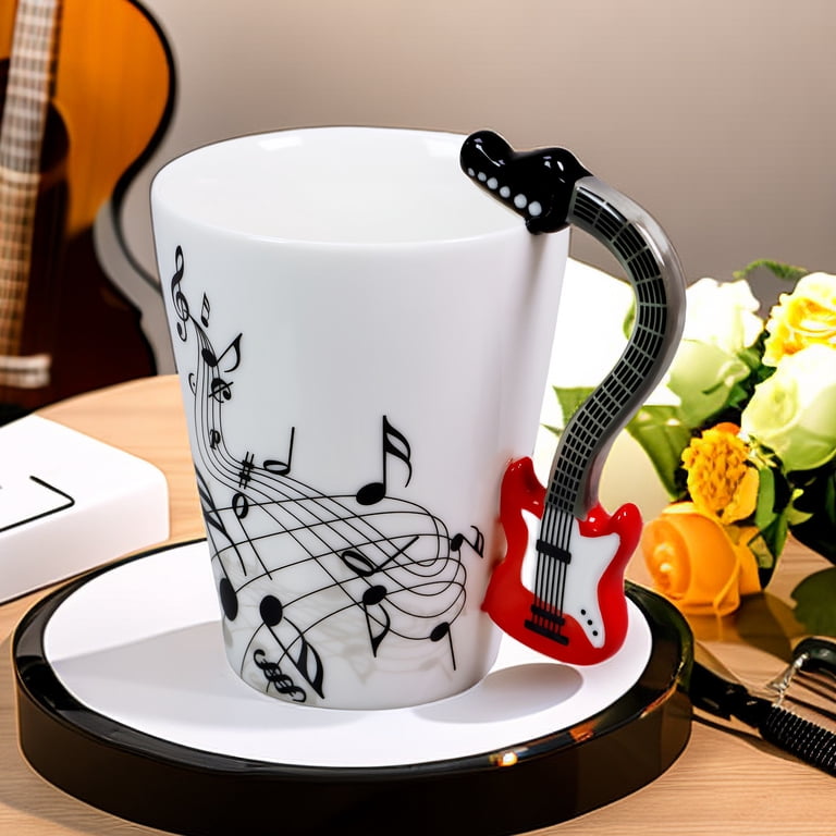 Lanhong 13.5 Ounce Guitar Mug Music Note Coffee Mug Ceramic Guitar Music Cup Mug Gifts for Guitar Players Musicians(Red)