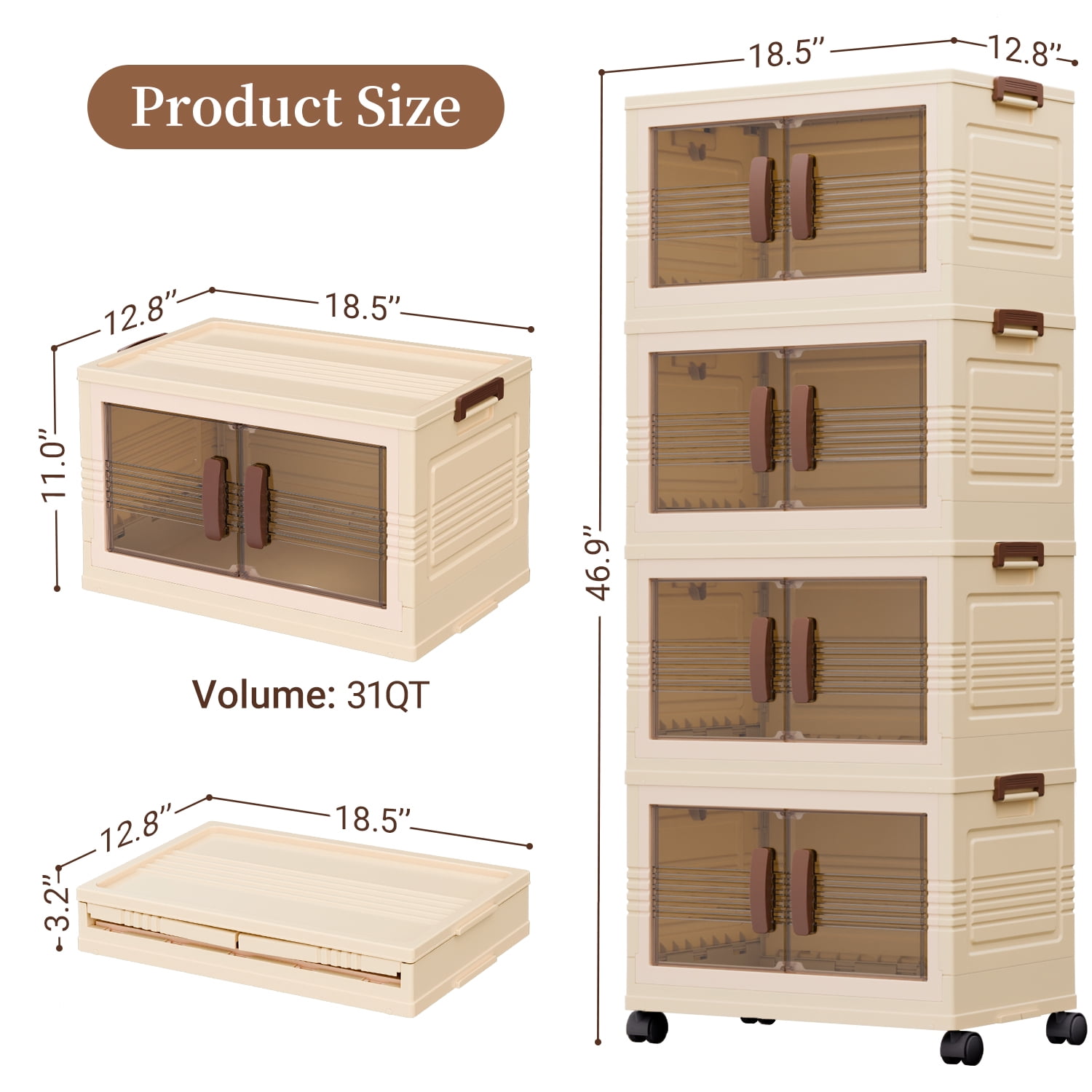 TINANA Plastic Storage Bins with Lids, 4 Tier 124QT Stackable Storage Containers with Wheels, Folding Closet Organizers for Living Room, Office, Dorm