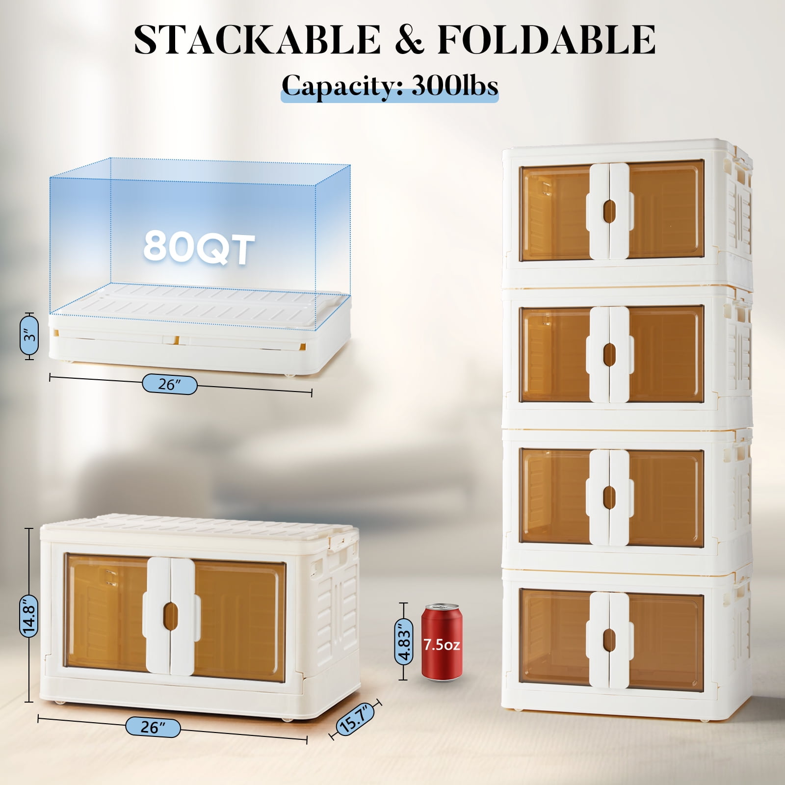 GIANNA Stackable Storage Bins with Lids and Wheels, 19 Gal/76QT, Folding Storage Box, 1 Pack