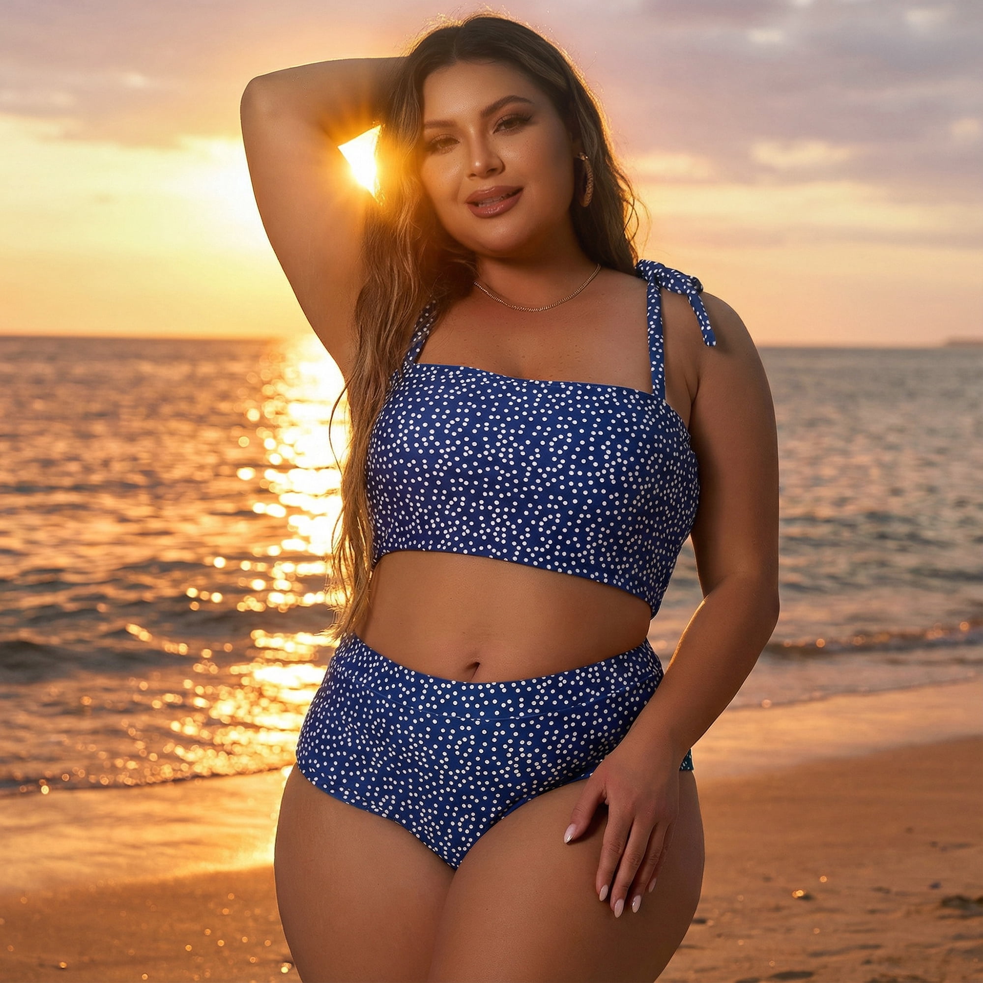 DARING DIVA Women's Plus 2pcs Polka Dots Bikini Bandeau Suits L Blue