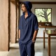 thumbnail image 5 of Men's Beach Outfit 2 Piece Linen Casual Button Down Henley Shirt Short Sleeve Loose Drawstring Hoodie and Harem Pants Vacation Sets for Men Size 3XL Navy, 5 of 9