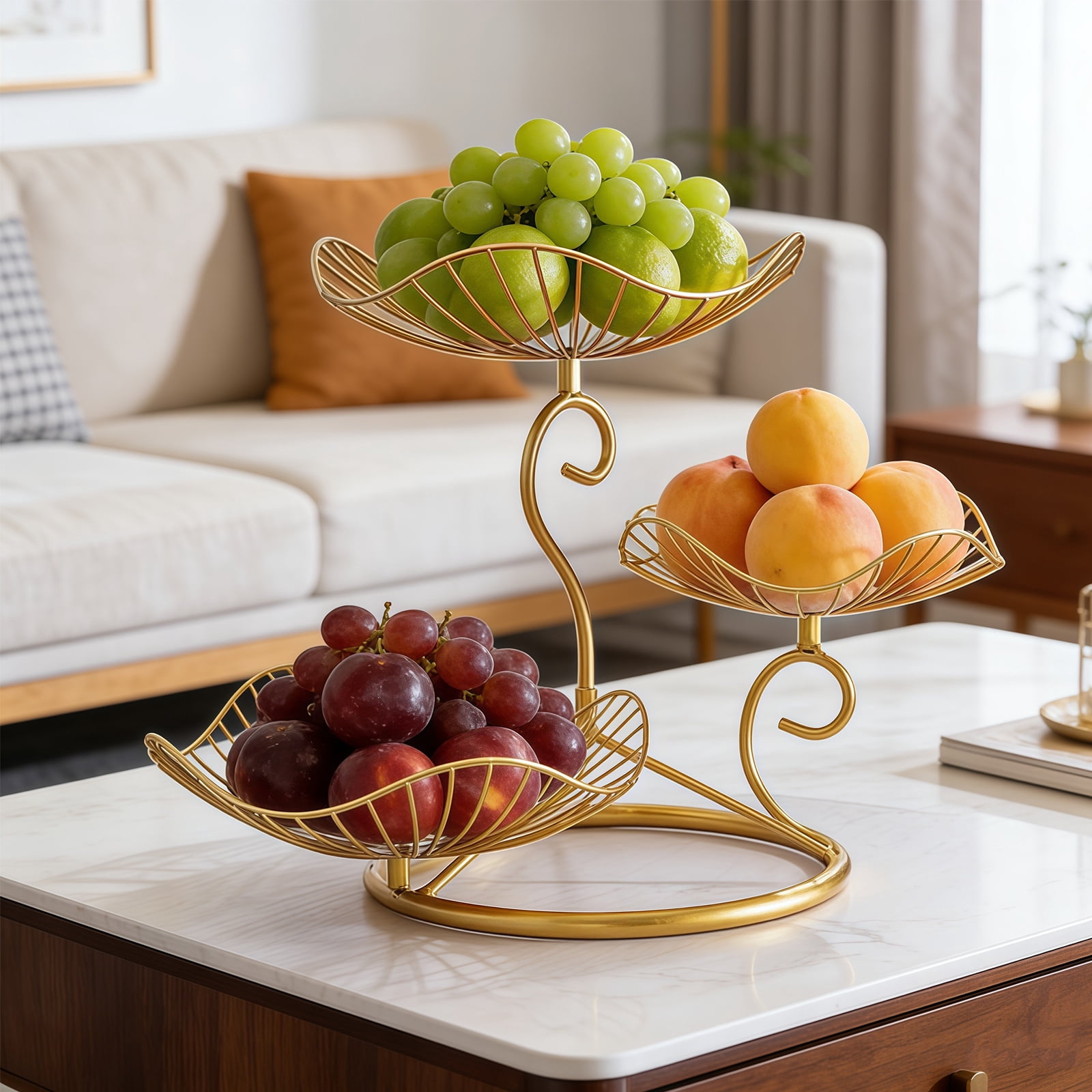 3-Tier Fruit Basket,Detachable Metal Fruit Vegetable Organizer Stand  for Kitchen Counter, Bread, Snacks, Utensils, Gold