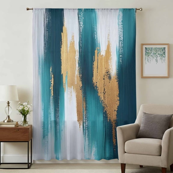 Abstract Teal Gold Sheer Curtains 45 Inches Long, Green White Wall Art Textured Light Filering Curtains, Breathable Simi Curtain Privacy Drapes for Kitchen Bathroom Lightweight Small Window Treatment