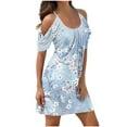 thumbnail image 2 of Robes Robe d'Été Robes d'Été pour Femmes Imprimé Manches Courtes Épaules Dénudées Col Rond Robe Bleu Clair L, 2 of 5