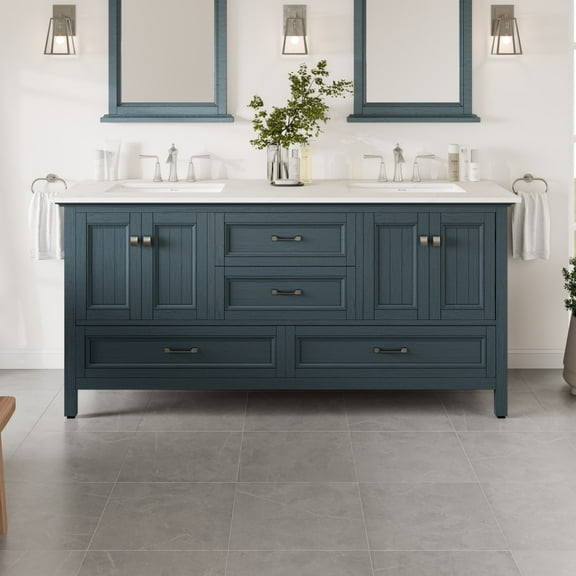 EVIVA Britney 72 Inch Transitional Ash Blue Bathroom Vanity with White Carrara Quartz Countertop