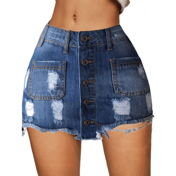 LYMAYTER Women Denim Skirt Stretchy Button Front Skirt Mini Ripped Casual Comfort Jean Skirts S-XL